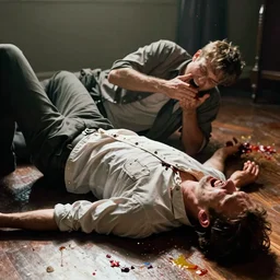 photo of a man on the floor with a broken back, and another man on the floor vomiting all over himself