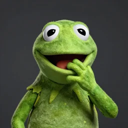 kermit the frog looking sad and afraid at the camera, dark background, one hand is in mouth as a sign of fear