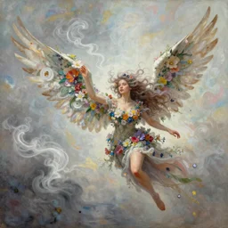 a colorful and provenance illustrations painting of the fantasy angel flying with floral wings, highly detailed, her hair made of hair made of air wind and curling smoke and mist, the wings made of flowers, spirit fantasy concept art, art by aenami, alena, afshar, petros and leonid, trending on artstation.