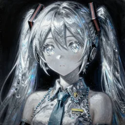 A bright thick silver liquid seeping through,highly detailed painting of Hatsune Miku with sparkly anime eyes, chiaroscuro, masterpiece painted by Claude Monet, nacre painting, paint-on-glass painting, pastel oil inks, very ethereal, dark, chiaroscuro, nacre, neon static, neon gradient, vantablack, chiaroscuro, paint-on-glass painting, oil inks, very ethereal, silver light, anime, anime, anime, anime, KyoAni