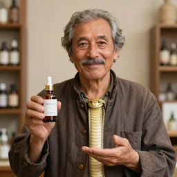 portrait of a snake oil salesman offering you a bottle of serum formula, art by Kentaro Miura, it idn't greasy