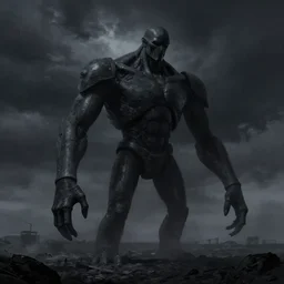 in the black storm, a giant colossus, on a darkling plain, drawn by christan delort and jean gireaud, graphic black and white, low camera, wide angle, centered composition, golden ratio