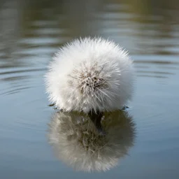 a fuzzy orb floating on a pond, calm water, photorealistic, 4 k, detailed, reflection