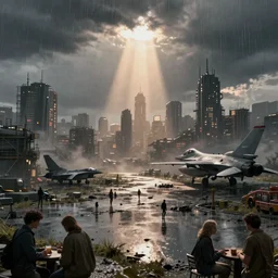 A landscape with a dystopian city, rain, puddles, oil, people are talking in the foreground, volumetric lighting, ray lighting from top of frame, crepuscular ray lighting from above, dynamic lighting, muted colors, by Greg rutkowski, thomas kinkade, Andreas rocha, john howe, pixar, f16, hd, 4k
