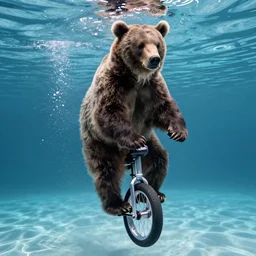 a photo of a bear riding a unicycle under water