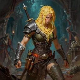 A grimdark spaghetti-man adventurer with serious gear and sheathed weapons and wearing a belt of spices is exploring the grimdark dungeon depths. trending on Pixiv. trending on ArtStation. A vibrant digital oil painting. A highly detailed fantasy character illustration by Wayne Reynolds and Kev Walker and Ron Spencer and Carl Critchlow and Bram Sels and Dan Mumford