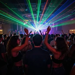 friends dancing at a concert with drinks and lasers, croud in the back