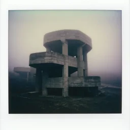 an impossibly complex concrete structure, foggy, dark, old polaroid, expired film,
