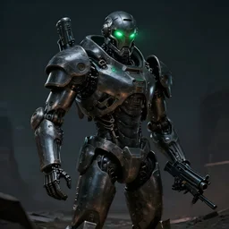 medium shot of a singular mechanical skeleton warrior, green glowing eyes reflecting on the metallic armor. Huge plasma rifle. At night, underexposed, desolated wasteland, matte painting by Craig mullins and Emmanuel_Shiu, cinematic, dark sci-fi, concept art trending on artstation, 4k, insane details, ultra realistic