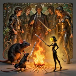 rats and cats fight in a fierce battle on toothpicks like swords, on fire, rebirth of nature concept art by artgerm, tooth wu, dan mumford, beeple, rossdraws, james jean, marc simonetti and alphonse mucha, just one lonely black tape project attctive showgirl!! full body!! steam punk, visor yellow, contour light effect!! hd, 4 k, stage light, octane render, sharp edge, ultra clear detailed