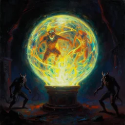 brutalist ambient atmospheric demon evil glowing orb in a dark room lighting up everything in it's path while demons roam in the dark oil painting portrait, symbolic, volumetric lighting, award - winning, perfection, ambitious, ambient occlusion, vibrant, 4 k hd, grainy,