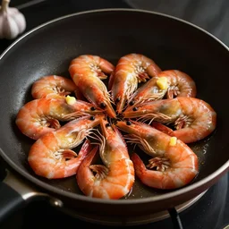 Sizzling shrimp in pan, garlic, buttery