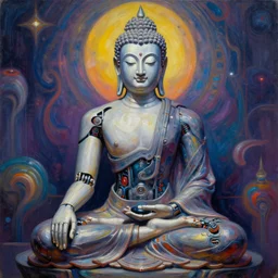 biomechanical buddha meditating, cyberpunk, psychedelic, realistic oil painting by alex grey and gustave dore,