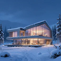 a glass modern architecture mansion frozen snow alaska night james gurney digital art