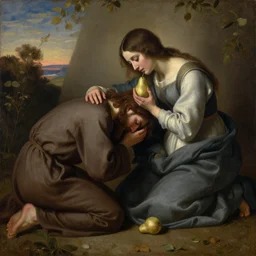 vintage beautiful painting of Judas’s apology to Jesus with a pear in Mary Cassatt style