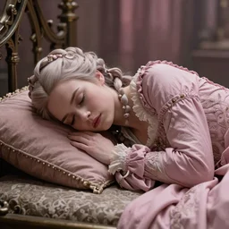 cinestill 5 0 d photography of a dystopian beautiful woma britt marling style by annie liebovitz, sleeping on a medieval bed a in a dystopian castle, pale pink tonal matt, hair in baroque style, dress are intricate ornamental dress, elegant, highly detailed, soft blur, artstation, sharp focus, head in focus,