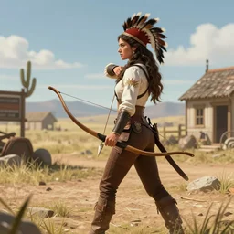 A Mohawk Queen strides through the Wild West, holding a bow and arrow, loading screen artwork for the game 'Europa Universalis 4'