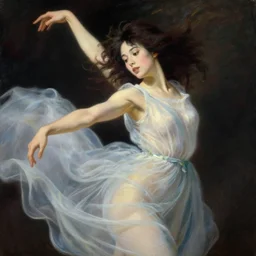 painting of a beautiful woman with her translucent dress blowing in the wind, modern dancing, highly detailed, by john william waterhouse, and studio ghibli, victo ngai, surreal, dramatic lighting, close up