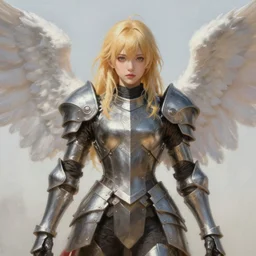 a portrait of angel girl with blonde hair and wings wearing steel armor, a detailed painting by pu hua, trending on artstation, fantasy art, artstation hd, detailed painting, anime aesthetic
