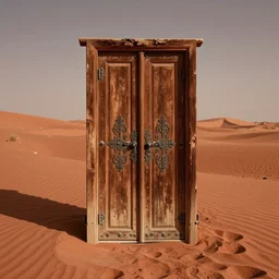an old wooden door with metal ornaments in the middle of a desert of red sand hyper realistic cinematic shot wide view