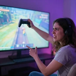 a woman throwing a video game controller at the screen, frustrated