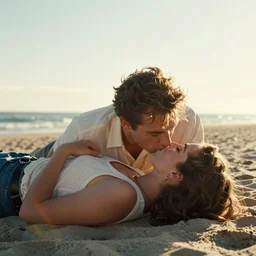 A hyper realistic and detailed photography of a couple kissing from movie Here to Eternity, laying on secluded beach. by Cameron Hammond. 1955. Cinematic. Golden Hour. Kodak Portra 400. Lens flare. 35mm lens