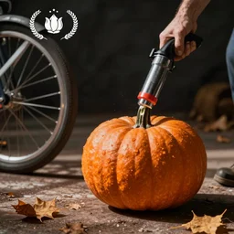 a pumpkin being inflated with a bicycle pump