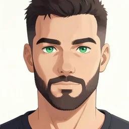 beautiful anime of bold guy with short beard and green eyes, by sherree valentine daines, peter mohrbacher, alice neel, donato giancola, mike winkelmann, laurie greasley. trending on artstation, 8 k, masterpiece, graffiti, fine detail, full of color, intricate detail, golden ratio illustration, face detail