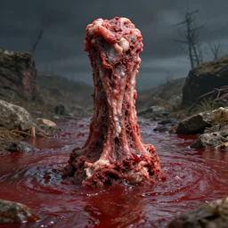 pillar of flesh on top of a blood river, realistic, detailed