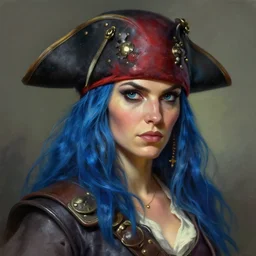 a detailed portrait of a pirate woman with blue hair, by justin gerard and greg rutkowski, digital art, realistic painting, very detailed, fantasy, dnd, character design, trending on artstation