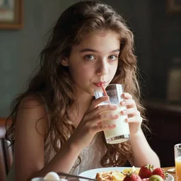 color photo, a girl drinking a glass of milk, at breakfast.