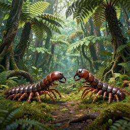 hyper detailed two giant centipedes from carboniferous period are fighting using their shiny segmented legs and mandibles in clearfelled jungle populated with fractal tree - ferns and lepidodendrons, big embroidered fractal leaves, sinuous roots, hyperdetailed trunks surface, octane render, volumetric cinematic lighting, 8 k, vray tracing, no dof, no blur
