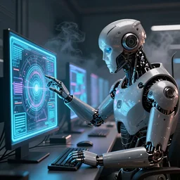 a matte painting of a cyborg touching a liquid neon computer screen, cyberpunk, surrounded by smoke, award-winning art, highly creative, hyperrealistic, highly-detailed, by Sam Spratt, by Vlad Rodriguez, computer screens in the background, trending on Artstation, dark, dramatic, cinematic, realistic studio lighting, realistic reflections, 4k, professional, canon