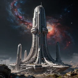 highly detailed cinematic scifi render of a 3 d sculpt of a cyberpunk john harris'aircraft carrier tower'megalithic tower complex structure city in space, beeple, halo, star wars, ilm, star citizen, halo, mass effect, high tech industrial, artstation unreal, dramatic powerful nebula, 4 k, 8 k, hd
