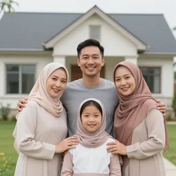 happy family near new house, one husband and two wives, instagram polygamous photo shoot, perfect faces