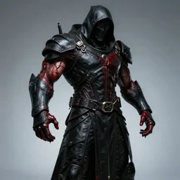 ash maker, black leather, cyberpunk reaper, blood hulking, mysterious photo realism, style of roger fenton, flash photo