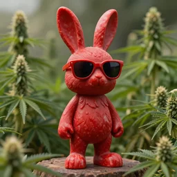 rabbit groot as red marble statue, big sunglasses, in marijuanas gardens, soft surface texture, very realistic 3 d render, soft sun lights, 4 k, high detailed photography result, 5 0 mm lens, rich deep colors, smooth gradients, depth of field, cinematic, hyper realism, high detail, octane render, unreal engine, 8 k, vibrant red colors