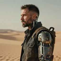 a rugged middle aged mechanic man with cybernetic enhancements and sidecut in the desert, scifi character portrait by greg rutkowski, esuthio, craig mullins, short beard, green eyes, 1 / 4 headshot, cinematic lighting, dystopian scifi gear, gloomy, profile picture, mechanical, half robot, implants, steampunk