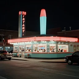 color street view in america of market district at night, diner, from 1 9 7 2, retro futurism on film kodachrome, muted palette