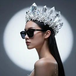 a cyberpunk goddess wearing a crystalline crown, wearing sunglasses, side portrait, striking, defiant, spotlight, paint drips, paint splatter, vibrant colors, beautiful eyes, futuristic clothing, by marco paludet and gianni strino and marion bolognesi