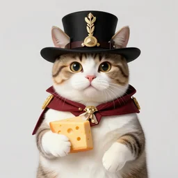 a cat dressed as Napoleon holding cheese