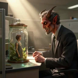 A demon in office attire, looks at a shrunk human in a jar, in his cubicle, sunrays, dust in the air, DnD character, unreal engine, octane render, dramatic lighting, pond, digital art, by Stanley Artgerm Lau, greg rutkowski, thomas kindkade, alphonse mucha, loish, norman Rockwell,