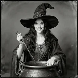 daguerreotype of beautiful female wizard in the cauldron, classical robes, hat, white skin, black hair, happy, high fantasy, dnd, detailed face, highly detailed, smooth, sharp focus, illustration, by rossdraws, sakimichan, artgerm