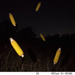 nighttime trail cam footage, several floating corn cobs, ominous