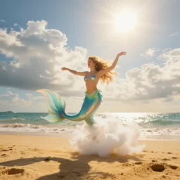 psychodelic mermaid dancing on the shore of a golden beach, cotton clouds, bright light sun, noon, strobist, photoreal, volumetric light, by jim burns