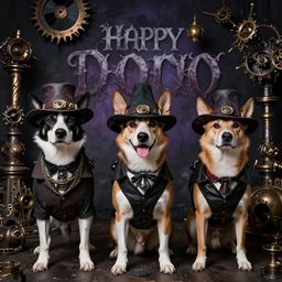 portrait of a ragtag team of three dogs dressed as thieves in a dark haunted steampunk setting