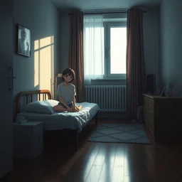 a film still of lone anime girl in white tshirt is sitting on poor bed in pale colors room in dark russian flat, anime, cinestill, ilya kuvshinov