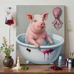 “ a portrait in a female art student ’ s apartment, sensual, a pig theme, bathing, pork, art supplies, surgical iv bag, octopus, ikebana, herbs, a candle dripping white wax, japanese pottery, squashed berries, berry juice drips, acrylic and spray paint and oilstick on canvas, surrealism, neoexpressionism ”