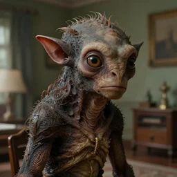 a strange creature in the home room, film still from the movie directed by Denis Villeneuve with art direction by Zdzisław Beksiński, close up, telephoto lens, shallow depth of field, beautiful detailed intricate insanely detailed octane render, 8K artistic photography, photorealistic
