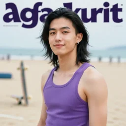 softblur portrait of a highschool senior with middle long black hair, shaven face, silver earring, violet tight tanktop, he is smirking into the camera for a cover of a gay print magazine, agfa akurit, street photography, lomography, beach, blurred, skateboard